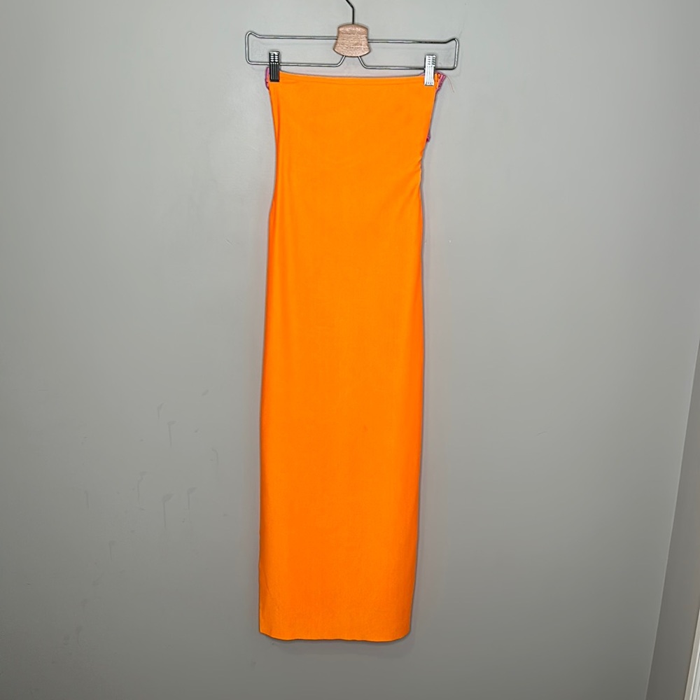 Micas Bright Orange and Pink Back Detail Strapless Dress